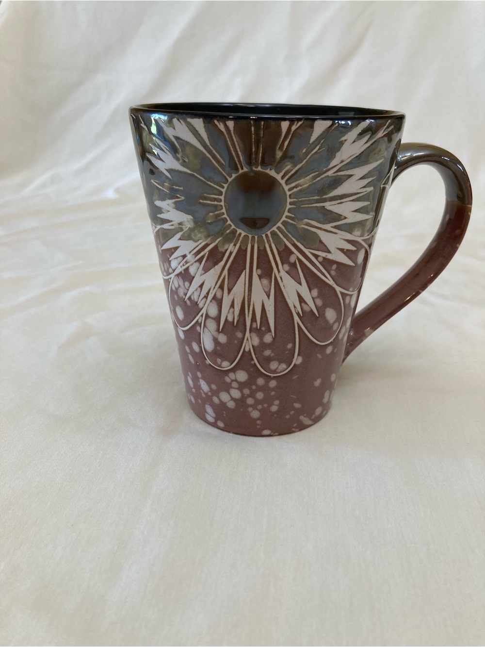 Spectrum Ceramic Coffee Mug in Dusty Rose and iridescent Glaze Has Flowers